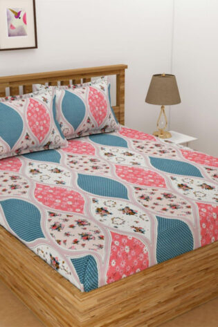 Pink And Grey Design Fitted Collection Bedsheet with Pillow Cover